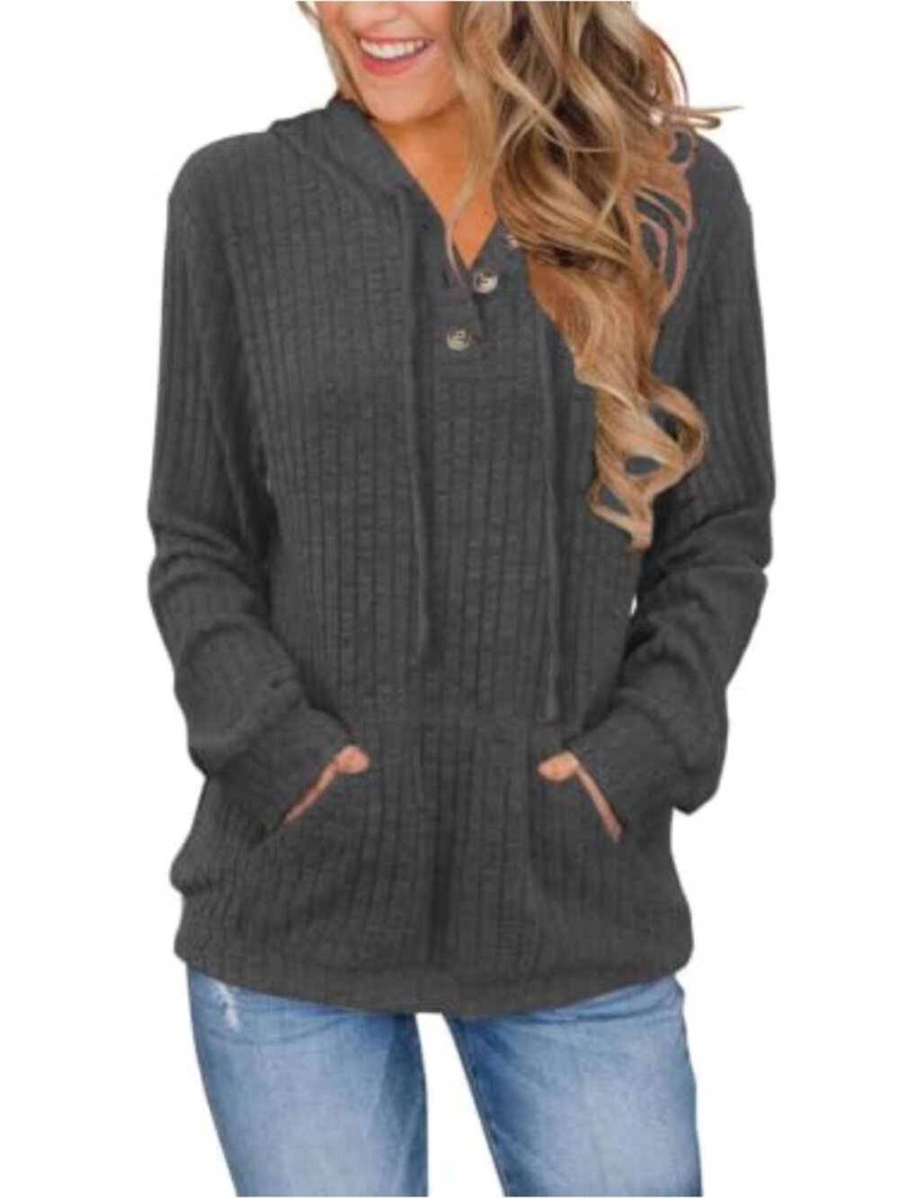 Ribbed Knit Long Sleeve Hoodie V Neck Pullover Tunic with Pocket